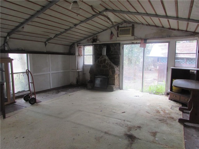 garage with a wood stove