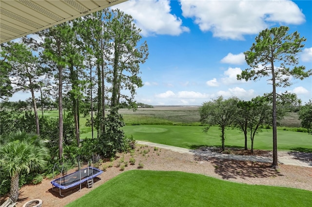 surrounding community with a yard and a trampoline