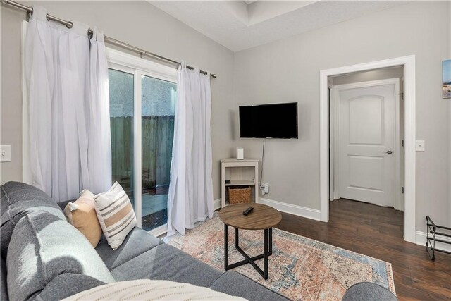 living room with dark hardwood / wood-style floors