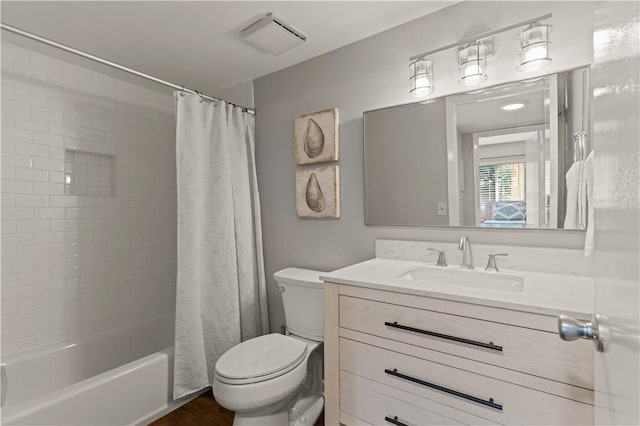 full bathroom with vanity, toilet, and shower / bathtub combination with curtain