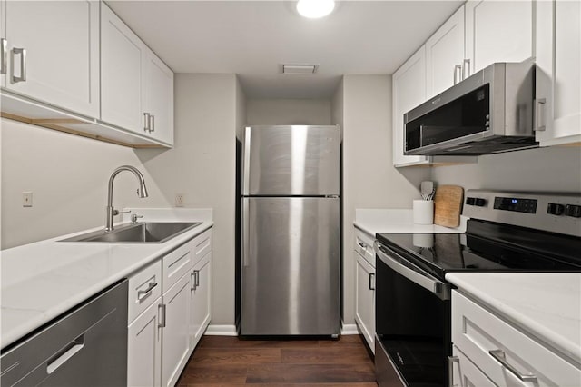 kitchen featuring white cabinets, stainless steel appliances, dark hardwood / wood-style floors, and sink