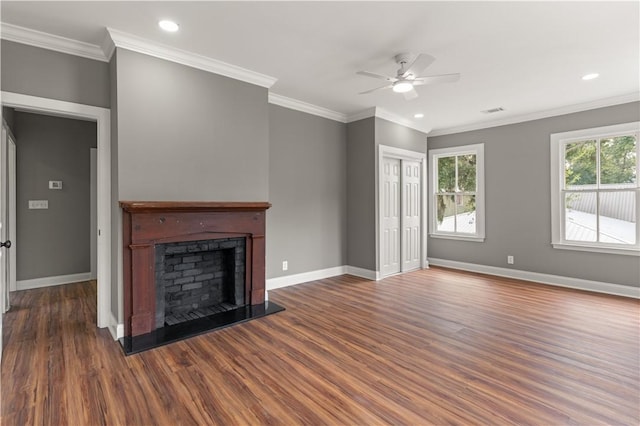 unfurnished living room featuring dark hardwood / wood-style floors, ceiling fan, and ornamental molding