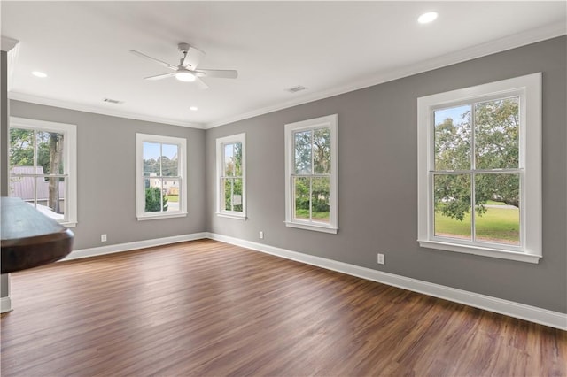 spare room with ornamental molding, ceiling fan, and dark wood-type flooring