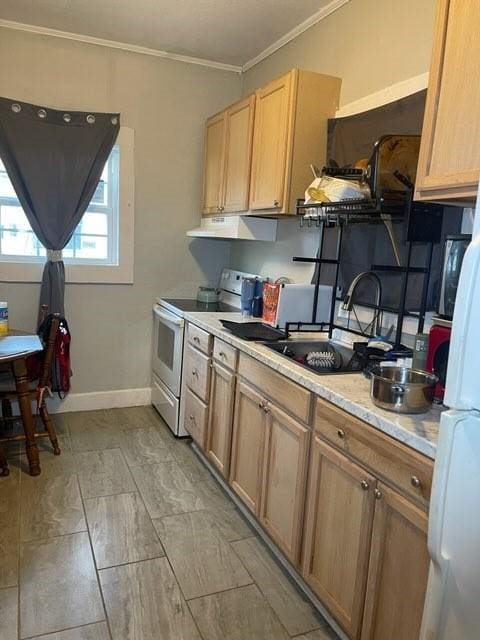 322 Archer St, Waycross, GA 31501 - kitchen with light countertops, crown molding, white electric range, a sink, and extractor fan