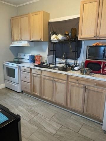 322 Archer St, Waycross, GA 31501 - kitchen featuring light countertops, ornamental molding, electric stove, a sink, and extractor fan