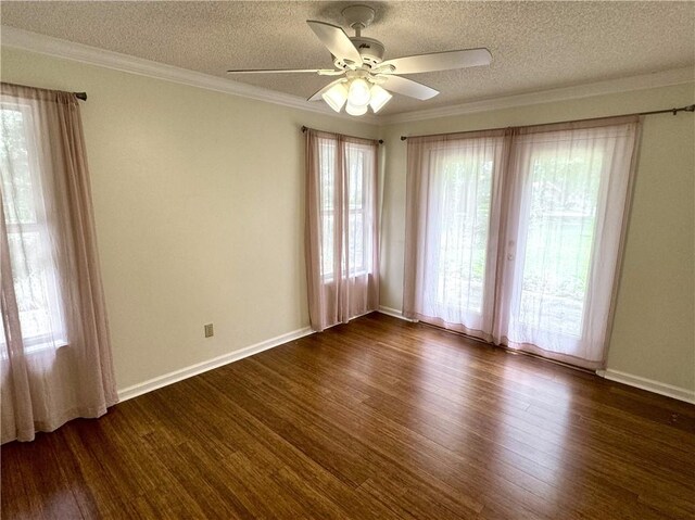 unfurnished room featuring a ceiling fan, crown molding, a textured ceiling, and wood finished floors