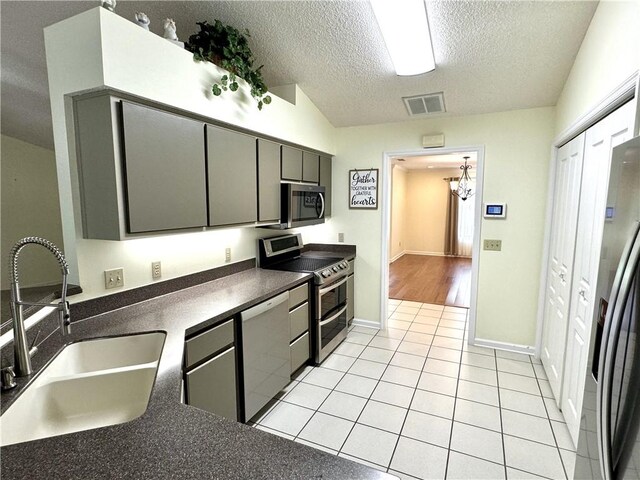 kitchen with stainless steel appliances, a sink, visible vents, gray cabinets, and dark countertops