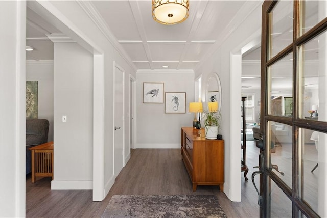 corridor with dark hardwood / wood-style flooring and ornamental molding