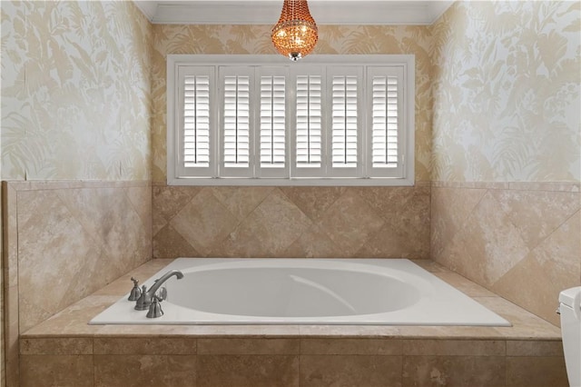 full bathroom with a bath and wallpapered walls