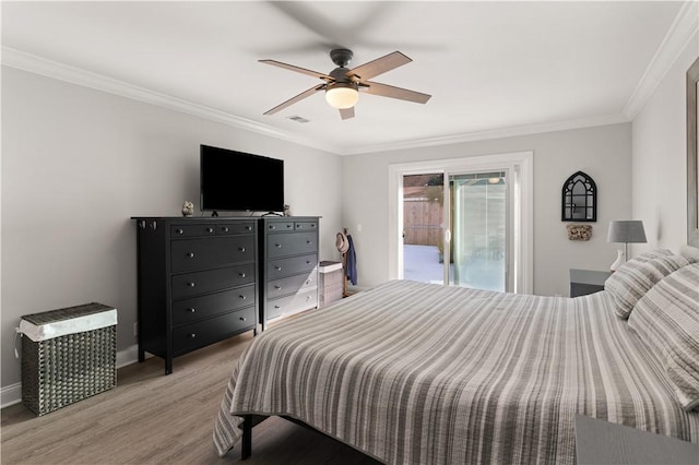 bedroom with baseboards, ceiling fan, ornamental molding, access to outside, and light wood-type flooring