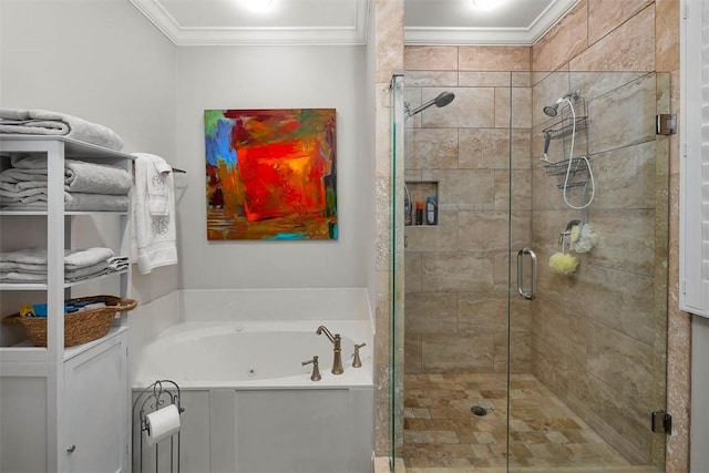 bathroom featuring crown molding and separate shower and tub