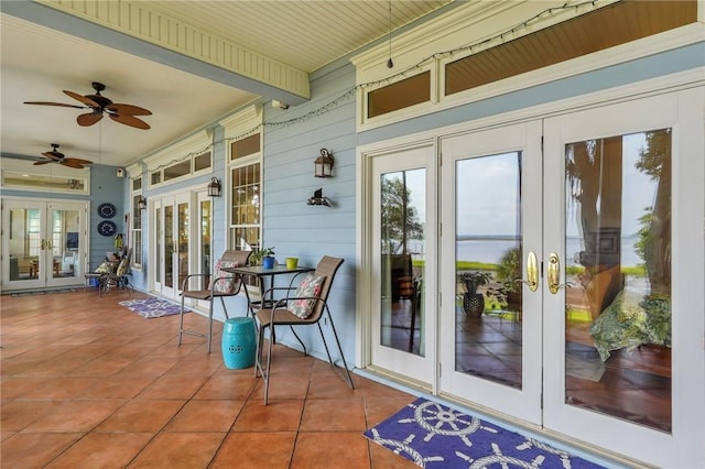 exterior space featuring french doors and ceiling fan