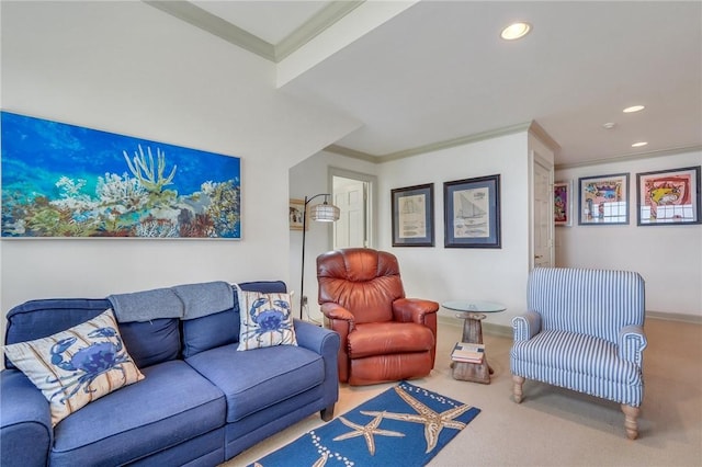 carpeted living room featuring crown molding