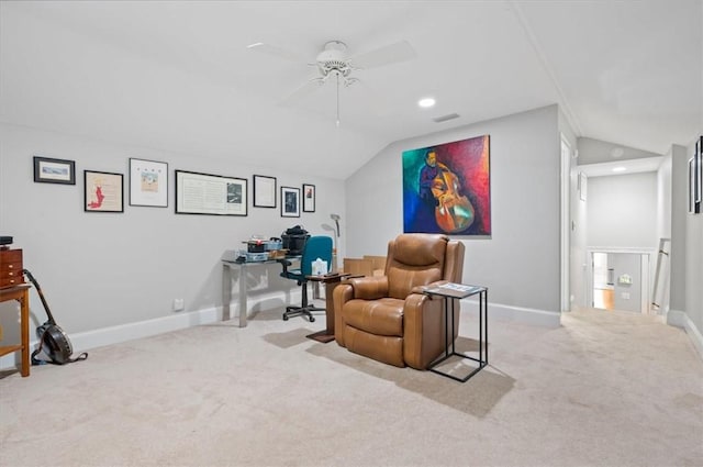 23 W Lake Dr, Saint Simons Island, GA 31522 - office featuring carpet floors, ceiling fan, lofted ceiling, baseboards, and recessed lighting