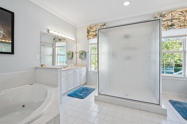 bathroom featuring a healthy amount of sunlight, vanity, independent shower and bath, and crown molding