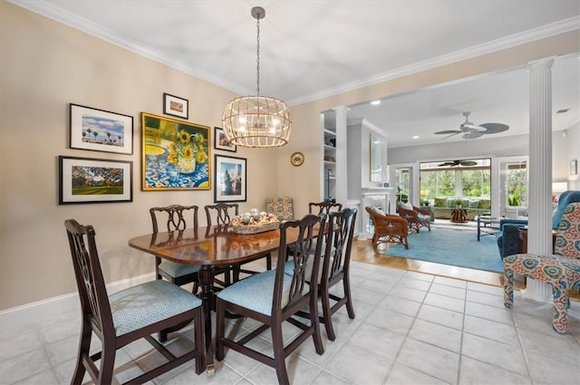 dining area featuring light tile patterned floors, decorative columns, and crown molding