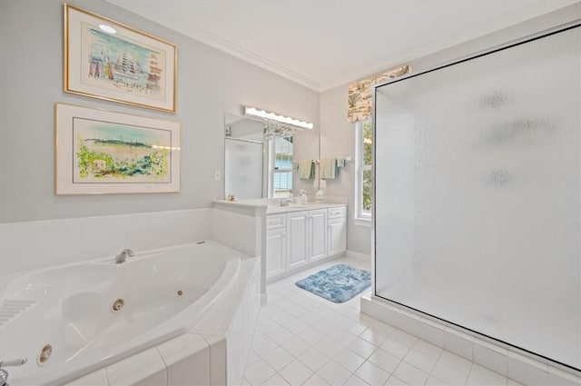 bathroom with shower with separate bathtub, vanity, tile patterned floors, and ornamental molding