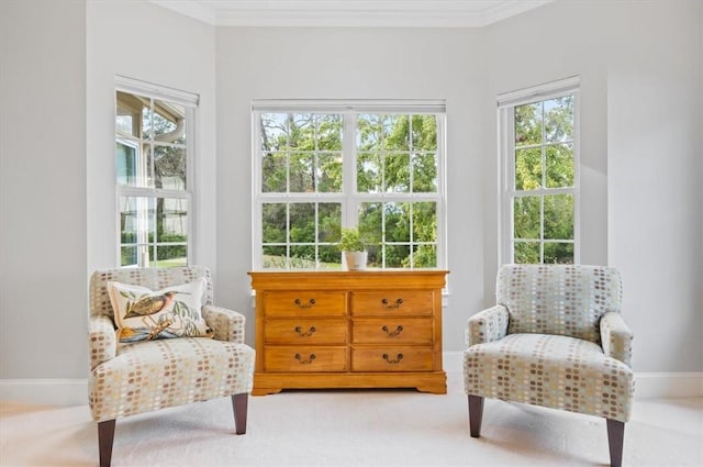 sitting room with carpet floors, a wealth of natural light, and crown molding