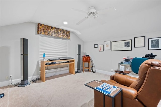 living room with light colored carpet, vaulted ceiling, and ceiling fan