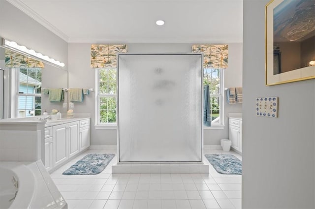 23 W Lake Dr, Saint Simons Island, GA 31522 - bathroom with a shower stall, vanity, tile patterned flooring, crown molding, and recessed lighting