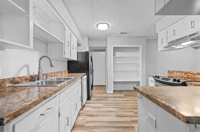 kitchen featuring white cabinetry, sink, light hardwood / wood-style floors, a textured ceiling, and electric stove