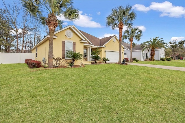 ranch-style house with stucco siding, concrete driveway, a front yard, fence, and a garage