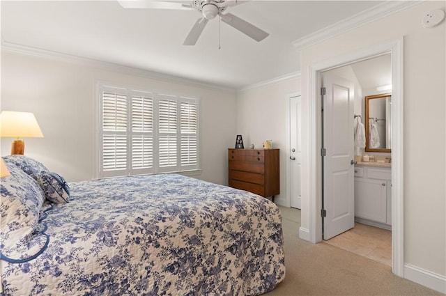 1045 Sinclair Pointe Pt, Saint Simons Island, GA 31522 - bedroom featuring carpet, ornamental molding, a ceiling fan, and connected bathroom