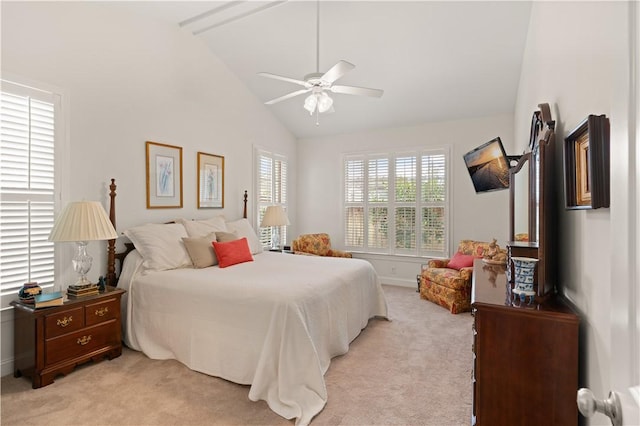 1045 Sinclair Pointe Pt, Saint Simons Island, GA 31522 - bedroom featuring lofted ceiling, light carpet, and ceiling fan