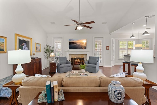 1045 Sinclair Pointe Pt, Saint Simons Island, GA 31522 - living room featuring vaulted ceiling, a fireplace, a ceiling fan, and dark wood-type flooring