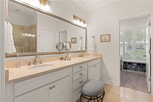1045 Sinclair Pointe Pt, Saint Simons Island, GA 31522 - bathroom with double vanity, a stall shower, crown molding, and tile patterned flooring