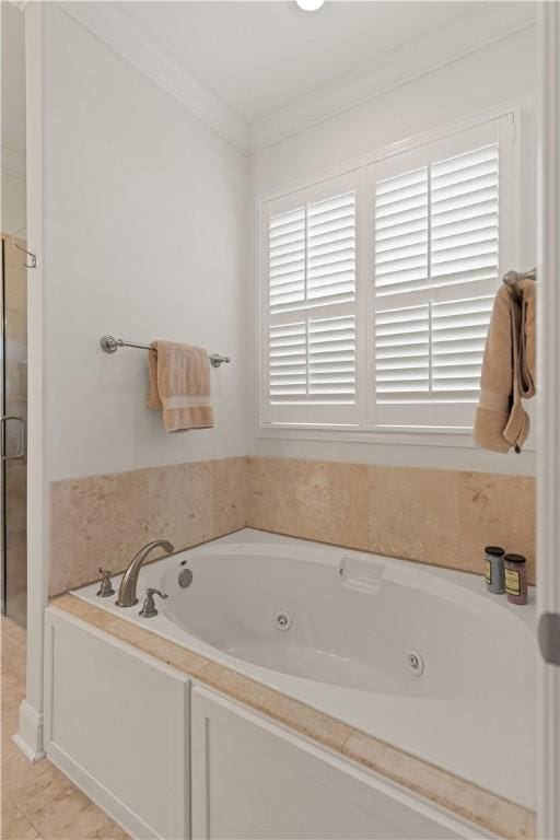 1045 Sinclair Pointe Pt, Saint Simons Island, GA 31522 - bathroom featuring ornamental molding, a tub with jets, healthy amount of natural light, and a shower stall