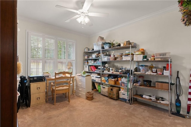 1045 Sinclair Pointe Pt, Saint Simons Island, GA 31522 - office with light colored carpet, a ceiling fan, and ornamental molding