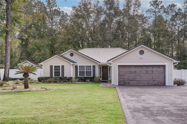 ranch-style house with a front yard and a garage