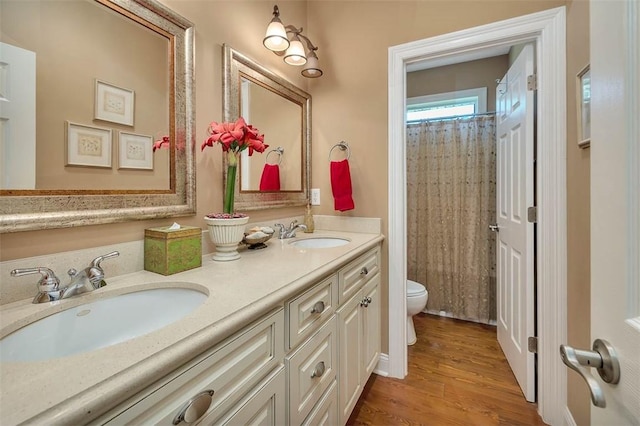 bathroom featuring hardwood / wood-style floors, vanity, and toilet