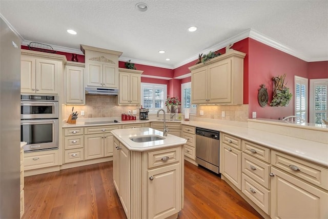 kitchen featuring kitchen peninsula, sink, stainless steel appliances, and cream cabinetry