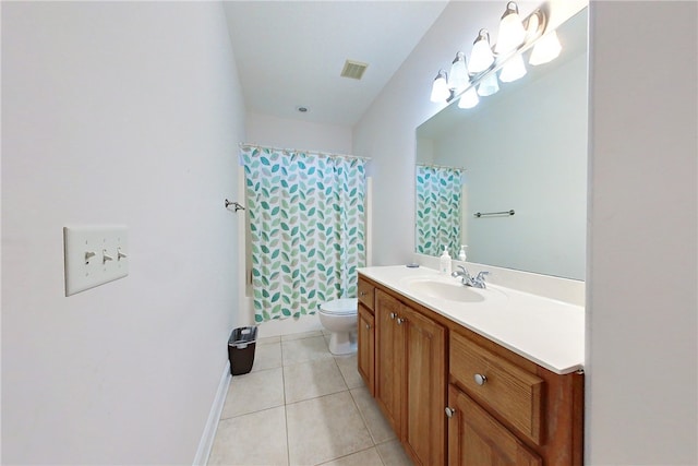 full bathroom with tile patterned flooring, vanity, shower / tub combo, and toilet