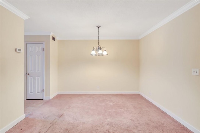 spare room with baseboards, ornamental molding, an inviting chandelier, and light colored carpet