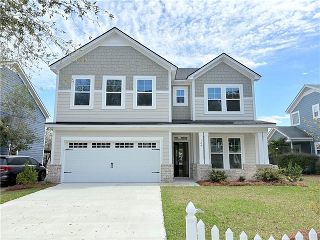 craftsman-style home featuring brick siding, an attached garage, a porch, a front yard, and driveway