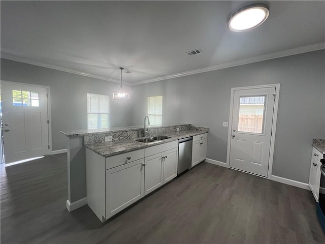 909 E Third St, Darien, GA 31305 - kitchen with dishwasher, a peninsula, dark wood-style flooring, white cabinetry, and ornamental molding