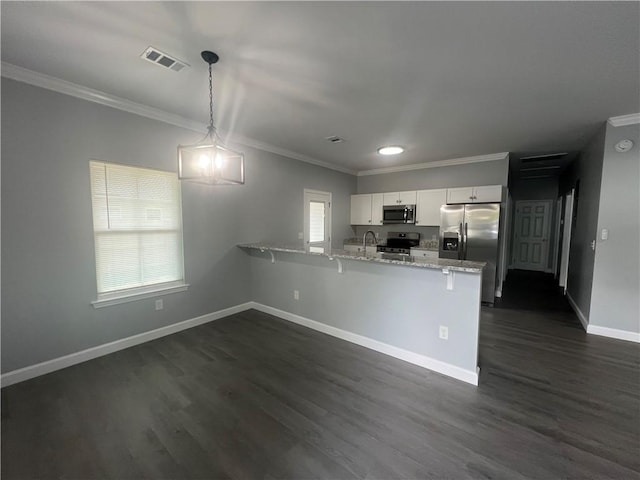 909 E Third St, Darien, GA 31305 - kitchen with appliances with stainless steel finishes, a peninsula, crown molding, white cabinets, and dark wood-style flooring