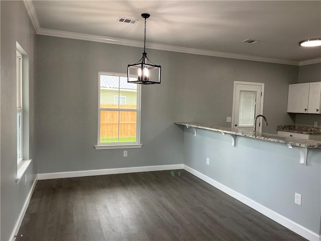 909 E Third St, Darien, GA 31305 - kitchen featuring a kitchen breakfast bar, dark wood finished floors, light stone countertops, a chandelier, and pendant lighting