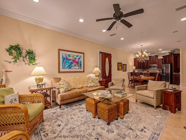 tiled living room with ornamental molding and ceiling fan with notable chandelier