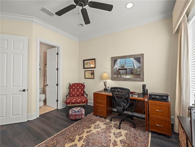 office space featuring hardwood / wood-style flooring, ceiling fan, and ornamental molding