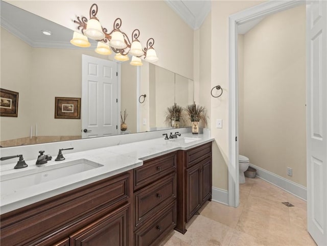 bathroom featuring tile patterned floors, toilet, crown molding, vanity, and a notable chandelier