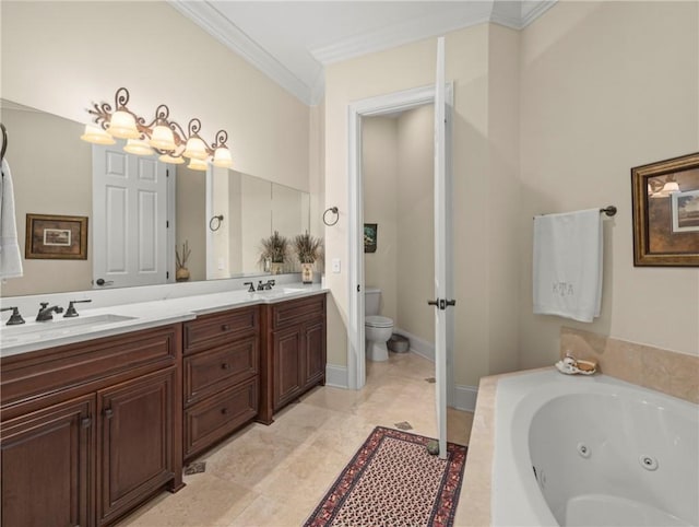 bathroom featuring a bathing tub, vanity, toilet, crown molding, and an inviting chandelier