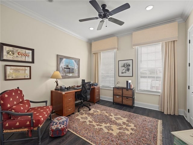 office area with crown molding, dark hardwood / wood-style floors, and ceiling fan