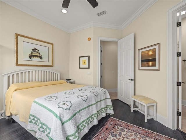 bedroom with ceiling fan, ornamental molding, and dark hardwood / wood-style flooring