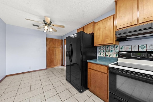 kitchen featuring black refrigerator with ice dispenser, ceiling fan, light tile patterned floors, a textured ceiling, and electric range oven