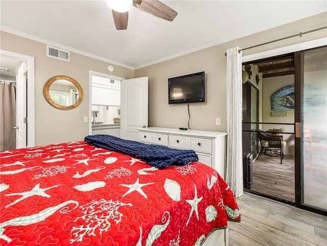 1524 Wood Ave Unit 106, Saint Simons Island, GA 31522 - bedroom with crown molding, access to outside, a ceiling fan, light wood-type flooring, and visible vents