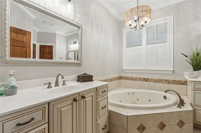 bathroom with vanity, ornamental molding, tiled bath, and a chandelier